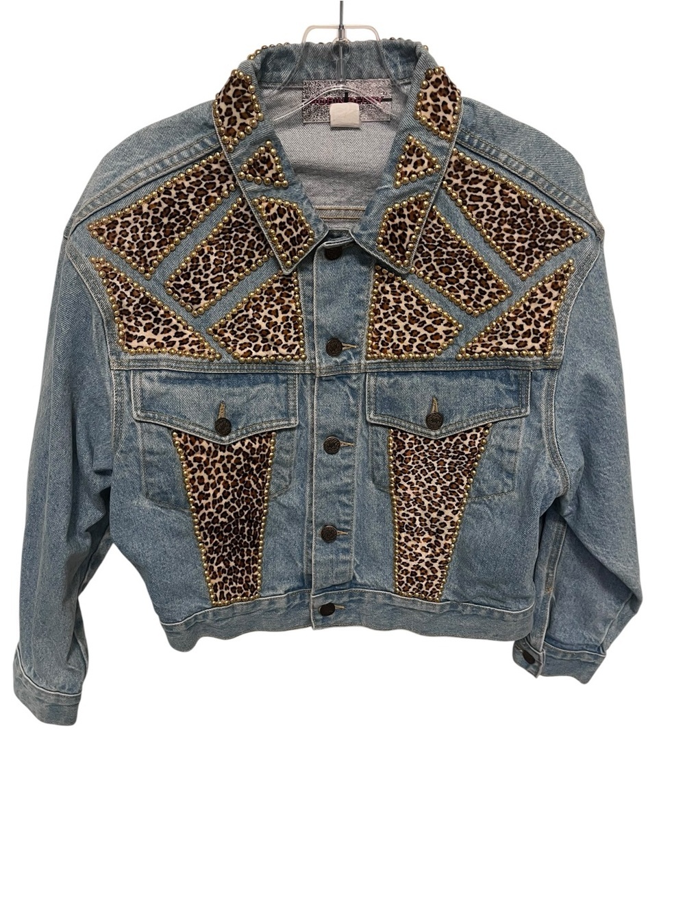 Vintage Robin Berry Cropped Studded Animal Print Denim Jacket Size M. Like New! - Picture 2 of 5